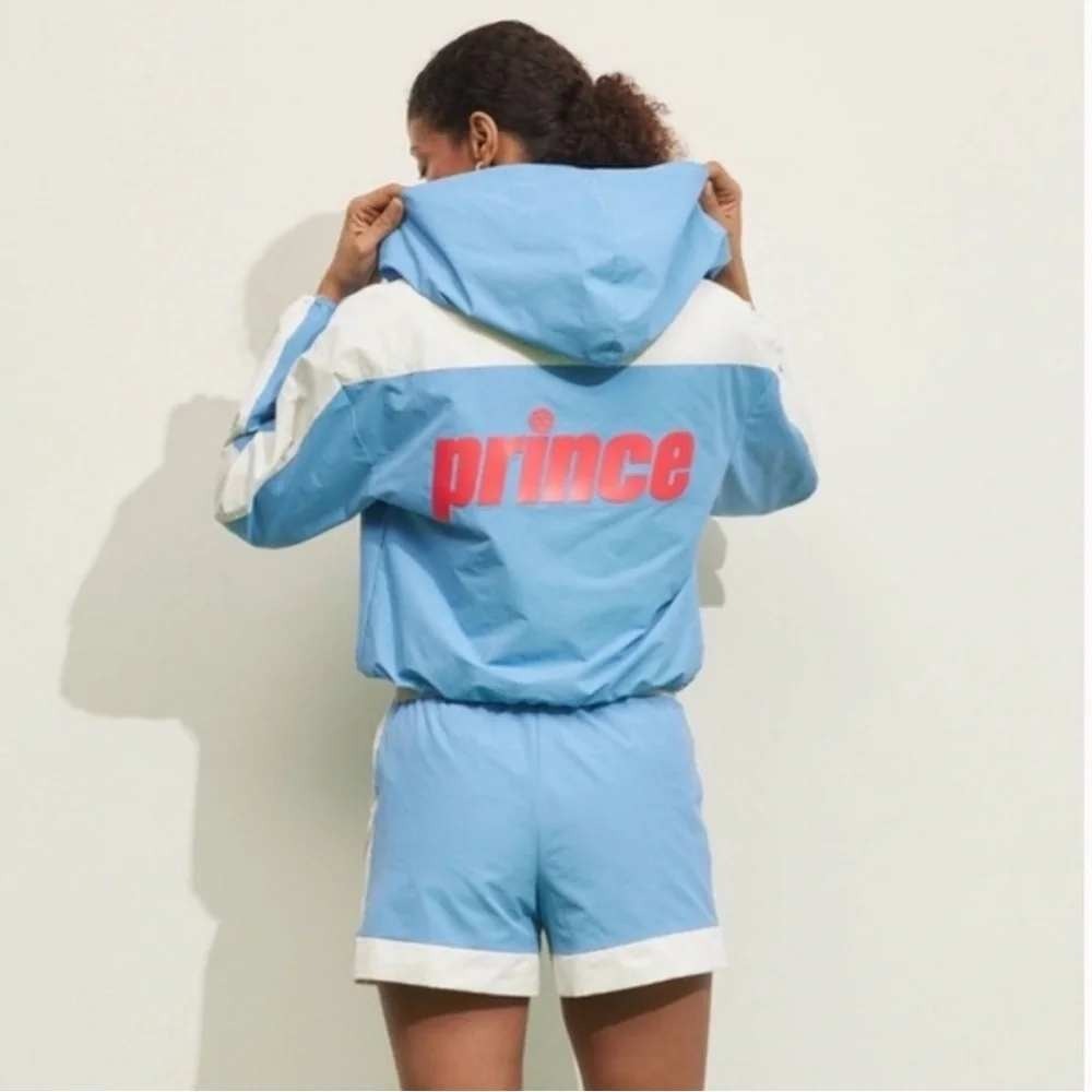 Prince Target Pickleball Hooded Windbreaker Jacket Women Sz L Blue White Zip Up